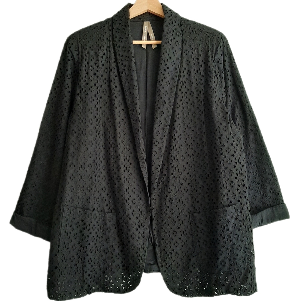 🍒 PENNINGTONS Eyelet Textured Fabric Open Front Cardigan Blazer Black Sz L